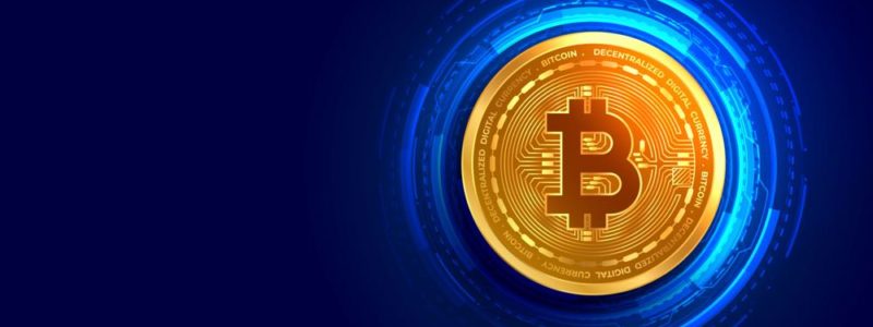 cryptocurrency bitcoin golden coin with digital circuit lines background